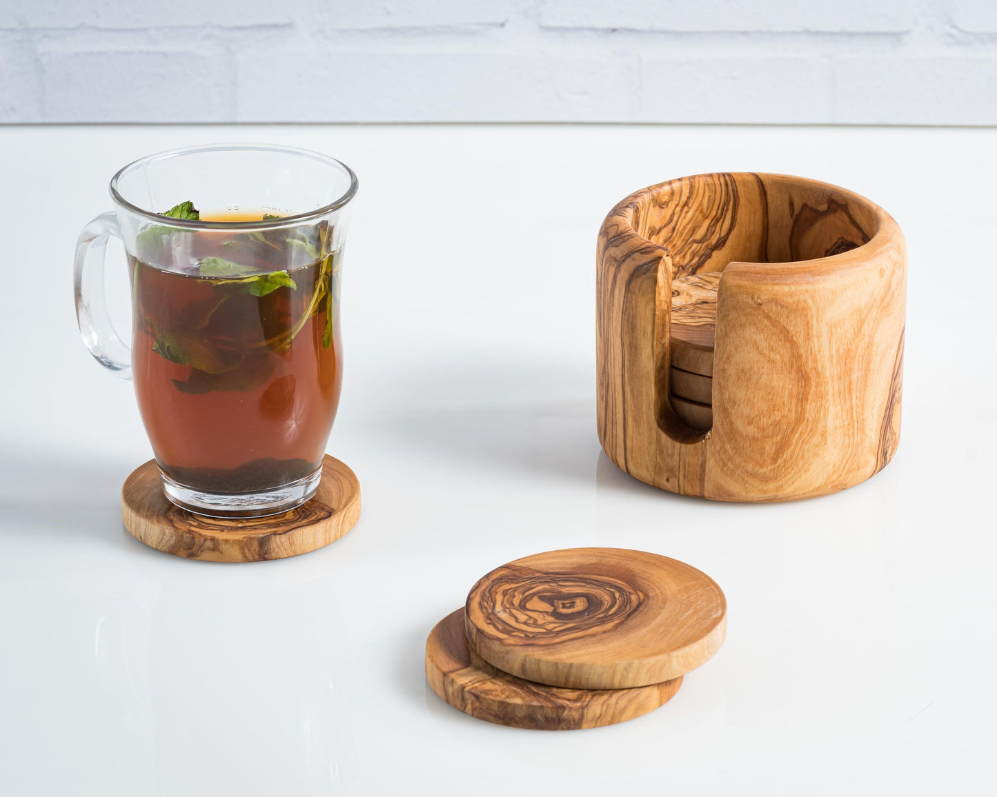 Ensemble de Sous-Verres en Bois d'Olivier avec Porte-Sous-Verres