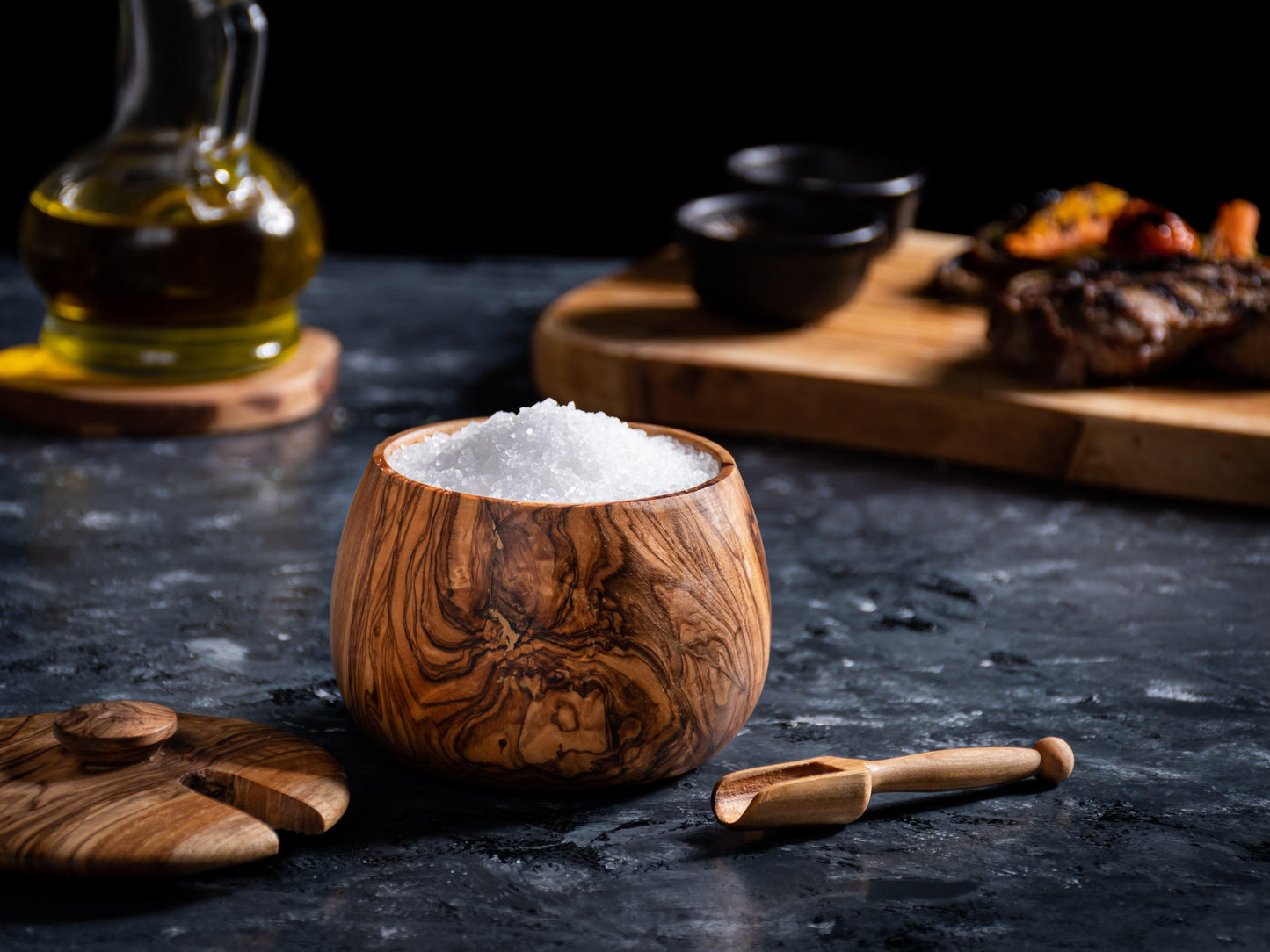 Pot à Épices en Bois d'Olivier avec Couvercle et Cuillère