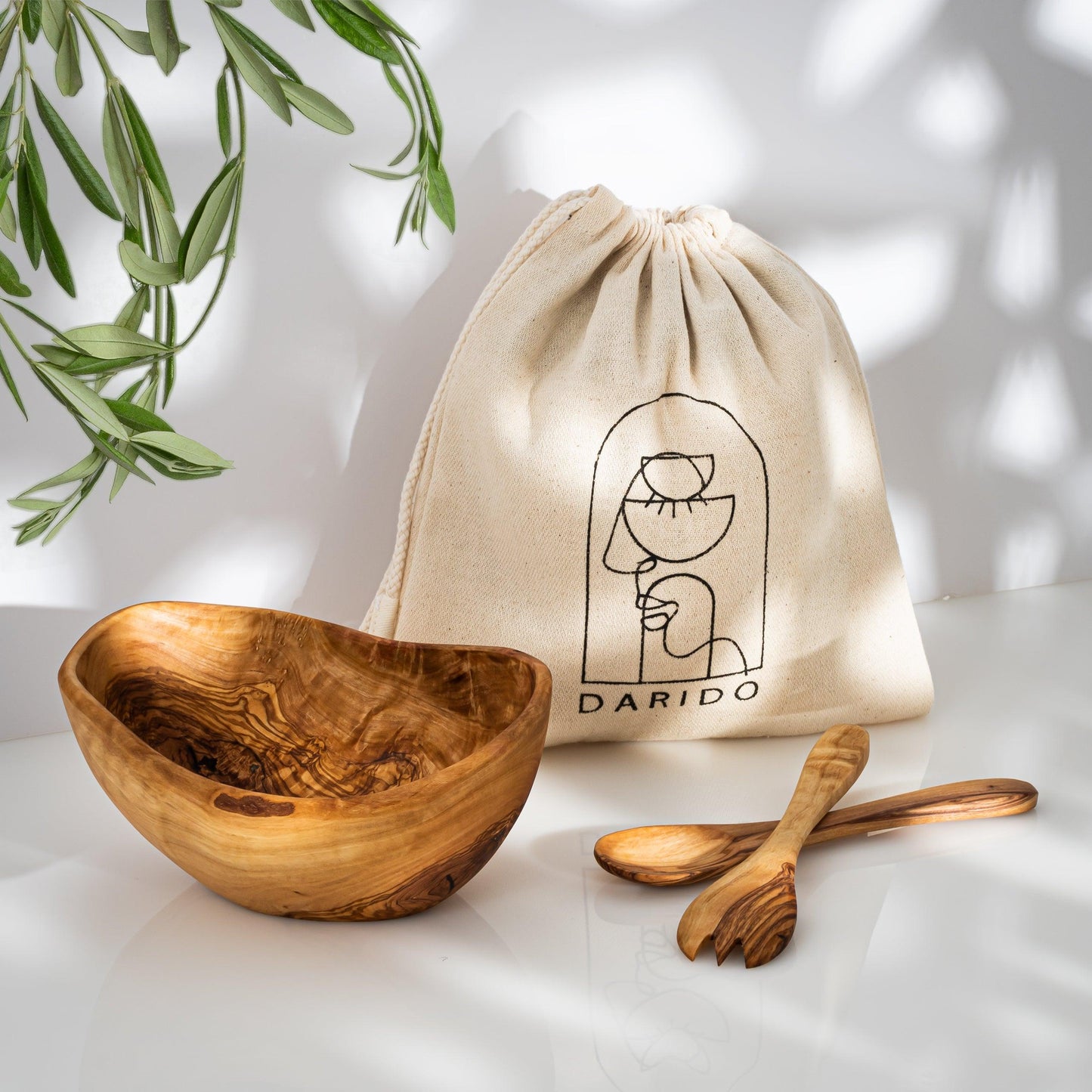 Bol Ovale Rustique en Bois d'Olivier avec Couverts à Salade