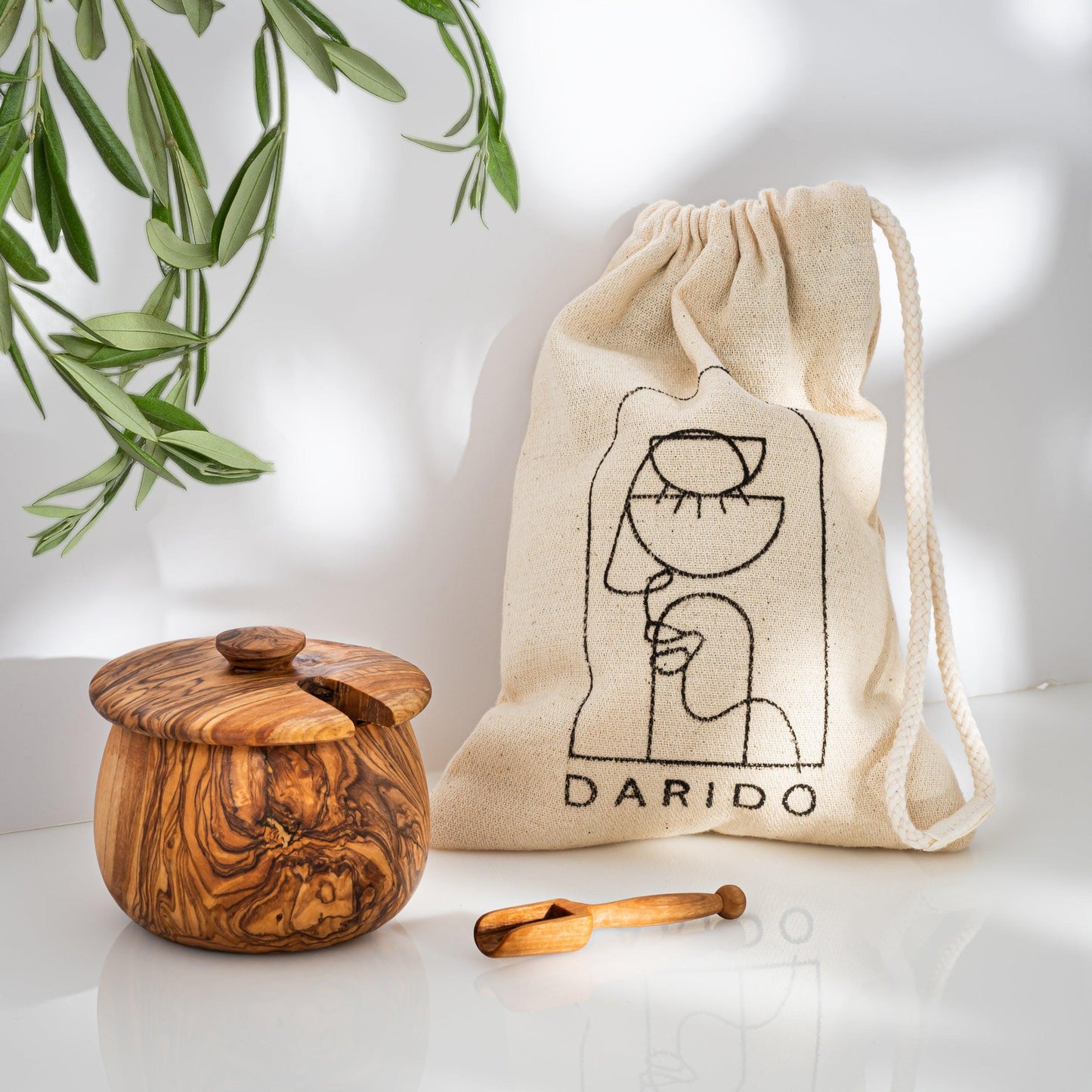 Pot à Épices en Bois d'Olivier avec Couvercle et Cuillère