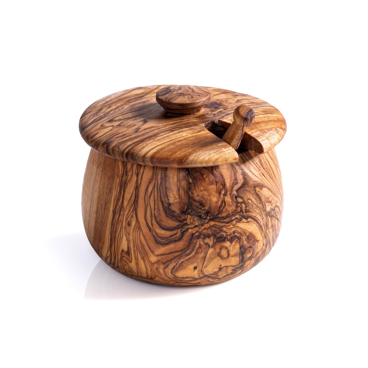Pot à Épices en Bois d'Olivier avec Couvercle et Cuillère