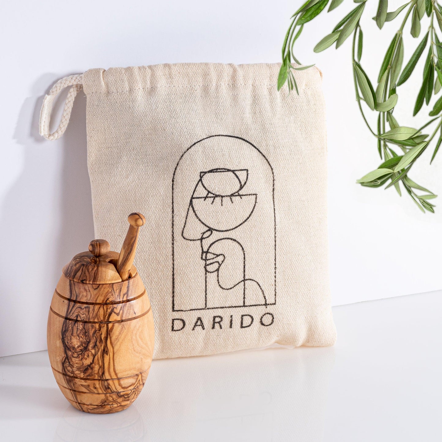 Pot à Miel en Bois d'Olivier avec Cuillère et Couvercle