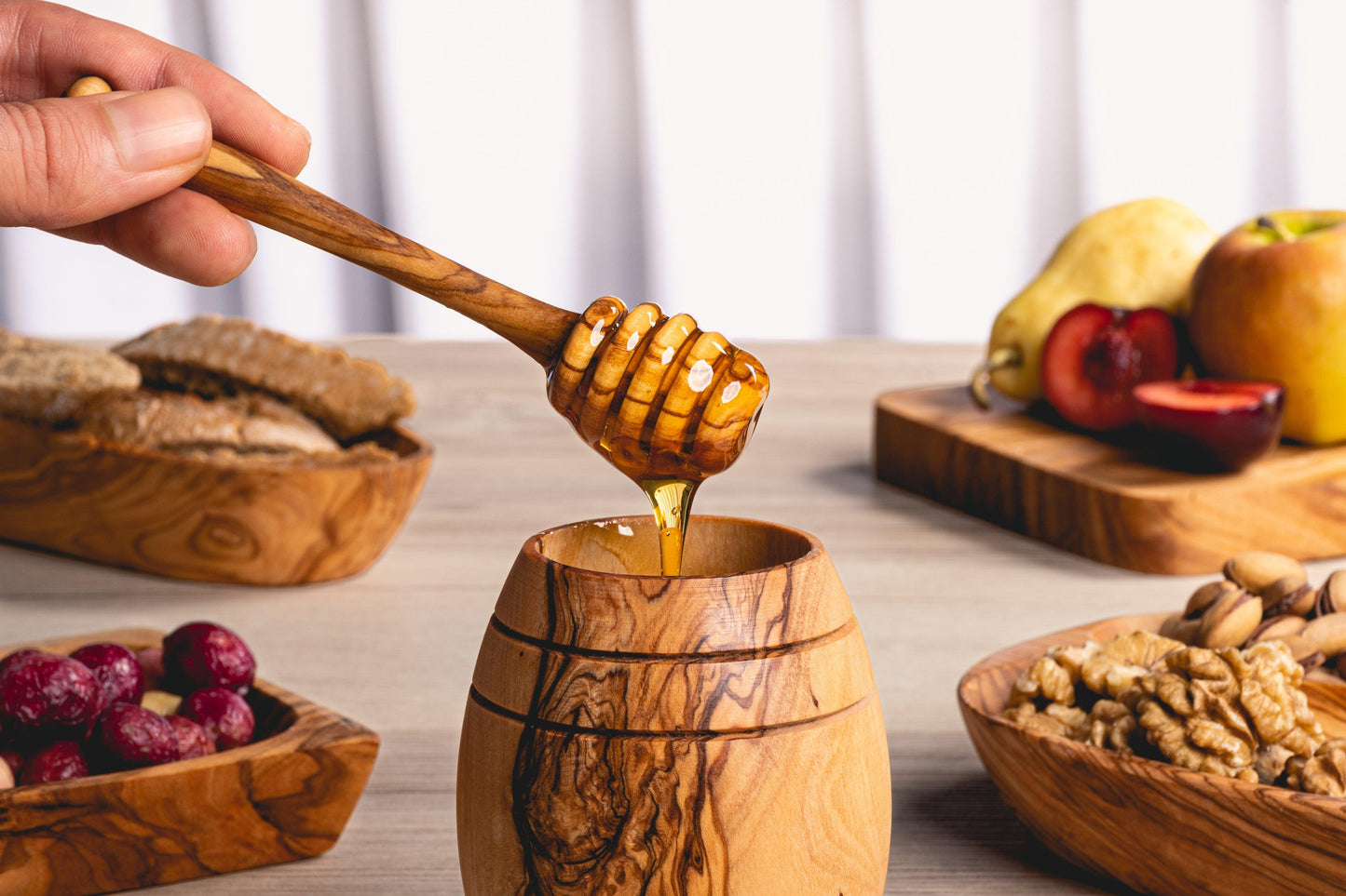 Pot à Miel en Bois d'Olivier avec Cuillère et Couvercle