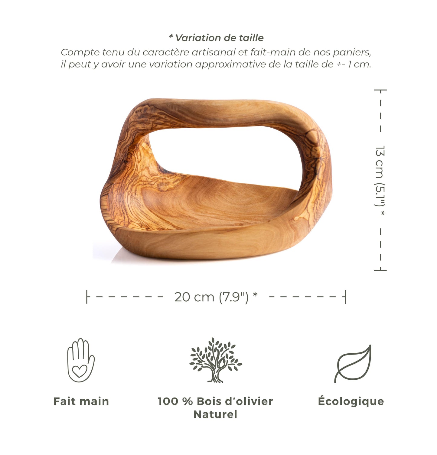 Panier de Décoration Rustique en Bois d'Olivier Avec Poignée