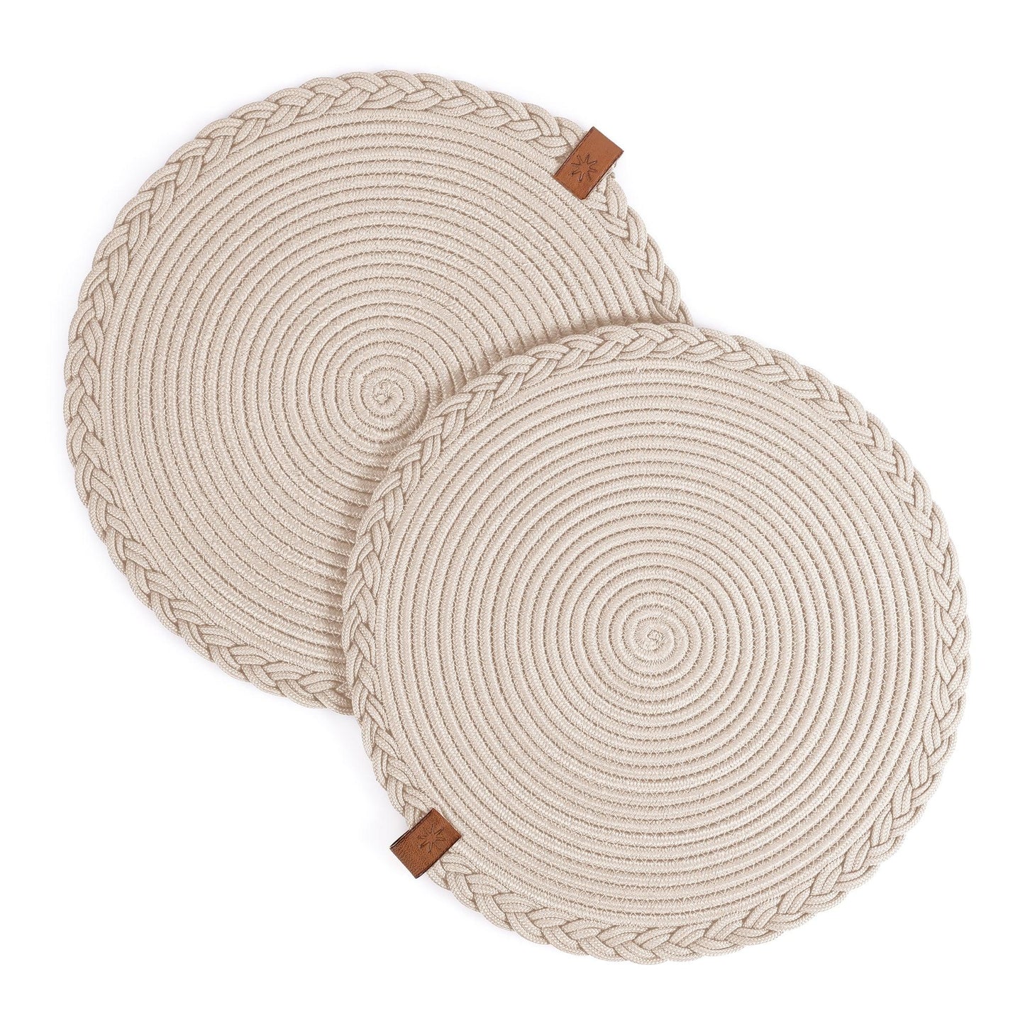 Lot de 2 Sets de Table Ronds en Coton de 32 cm avec Bord Tressé