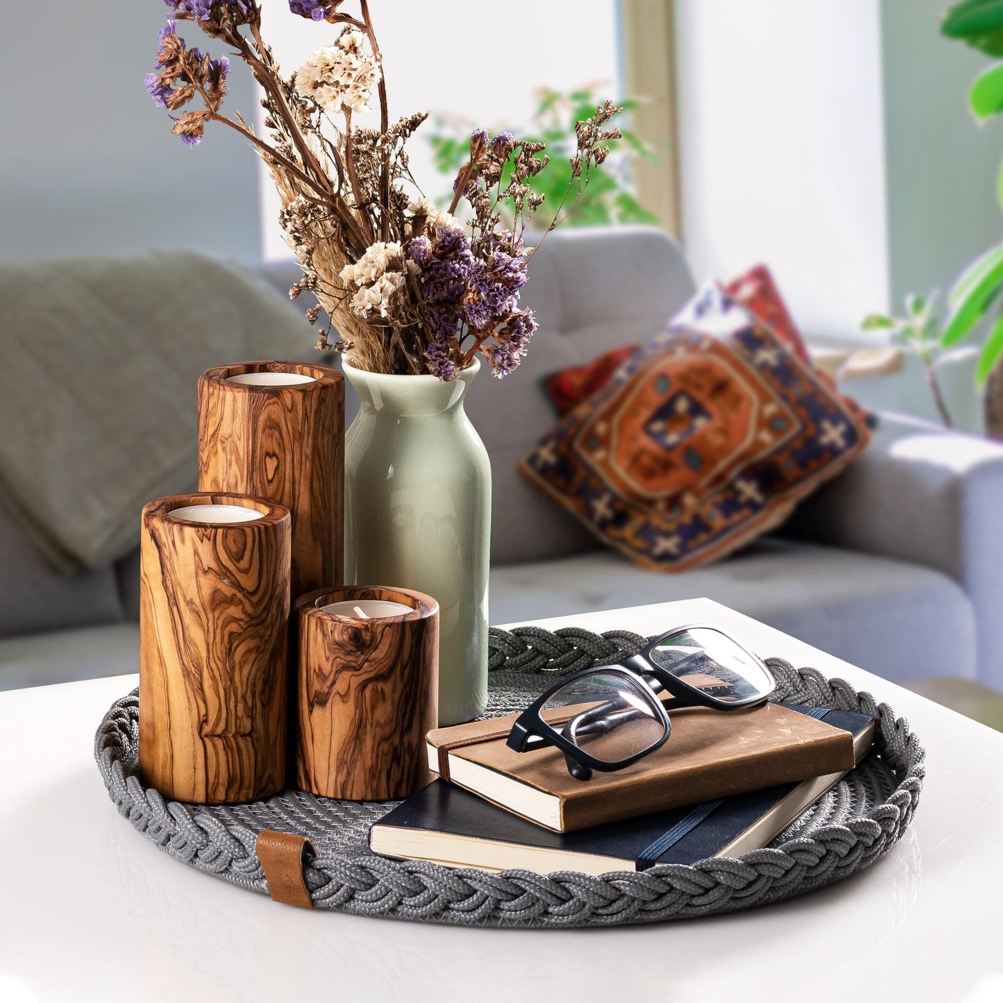 Lot de 2 Sets de Table Ronds en Coton de 32 cm avec Bord Tressé
