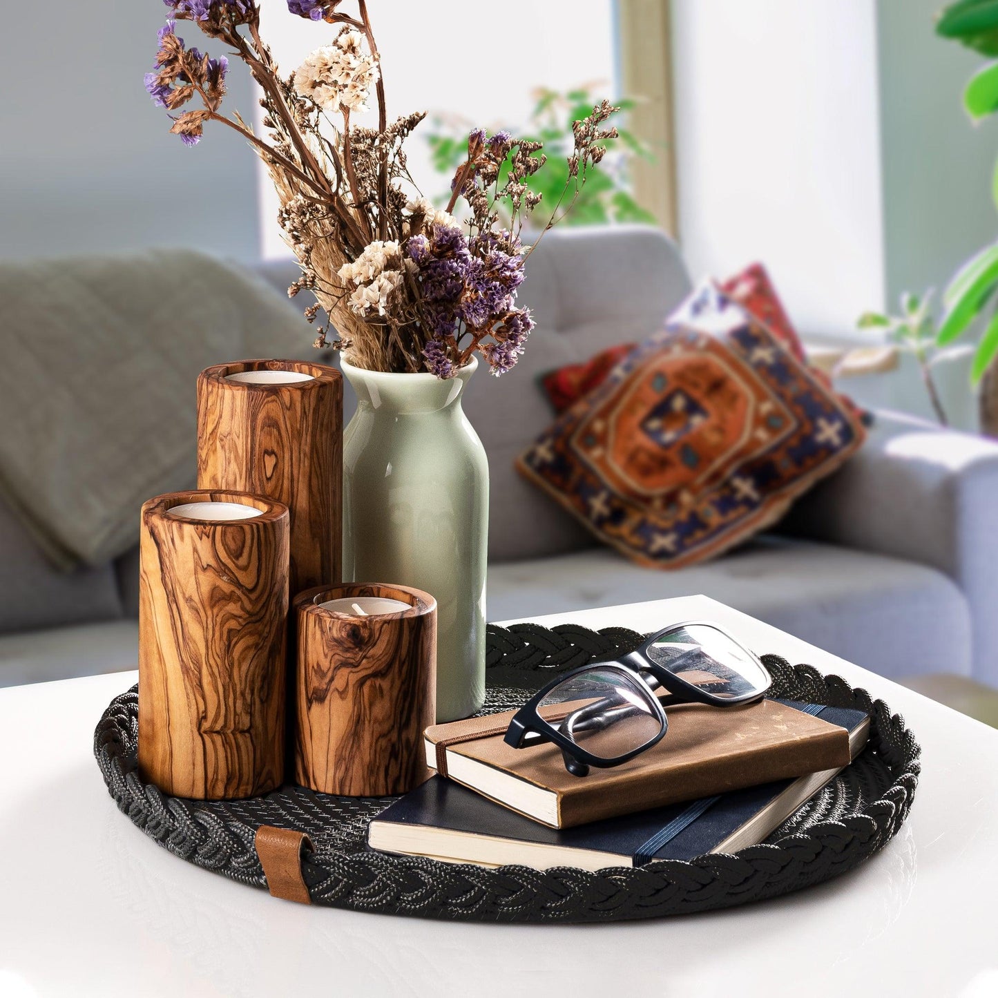 Lot de 2 Sets de Table Ronds en Coton de 32 cm avec Bord Tressé