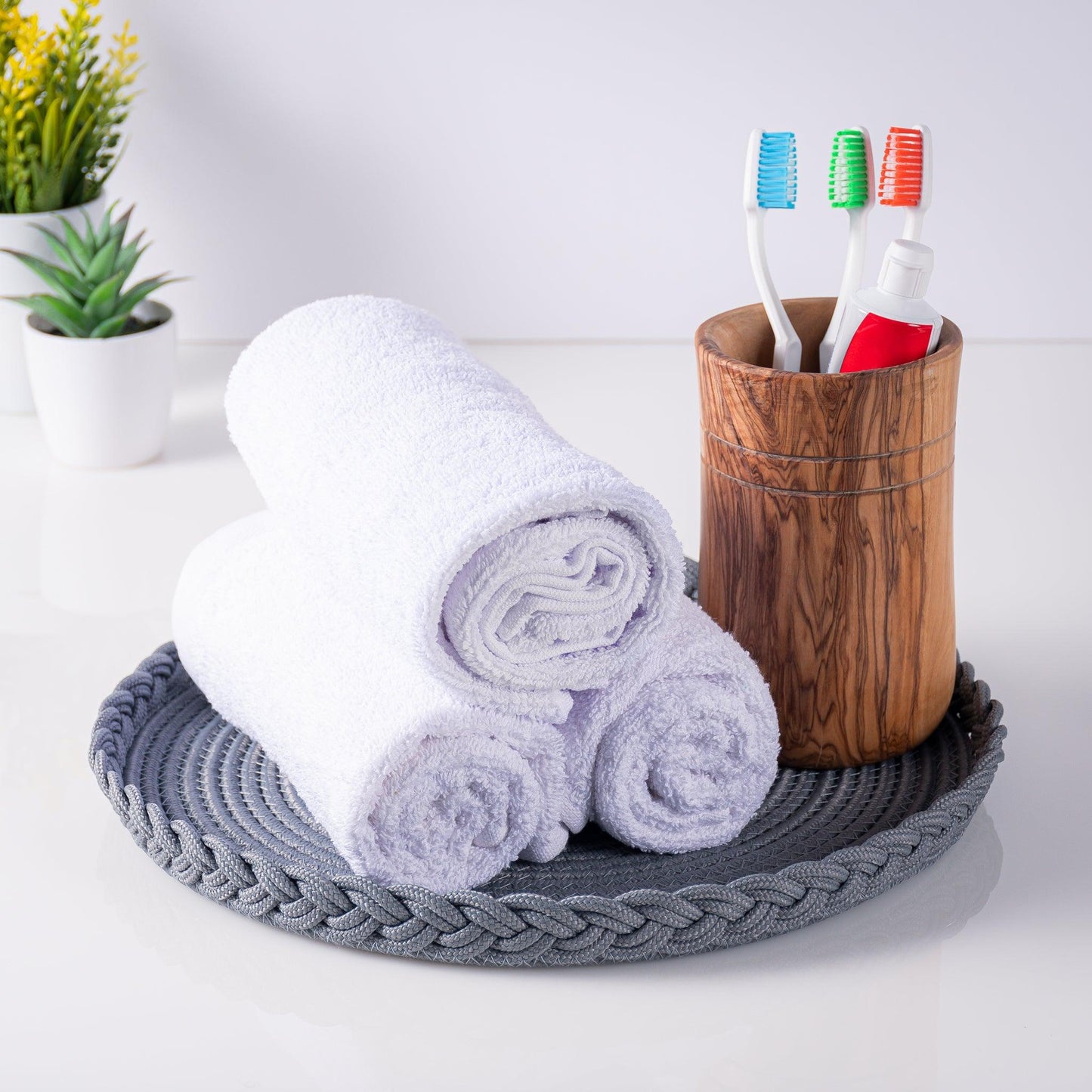 Lot de 2 Sets de Table Ronds en Coton de 32 cm avec Bord Tressé