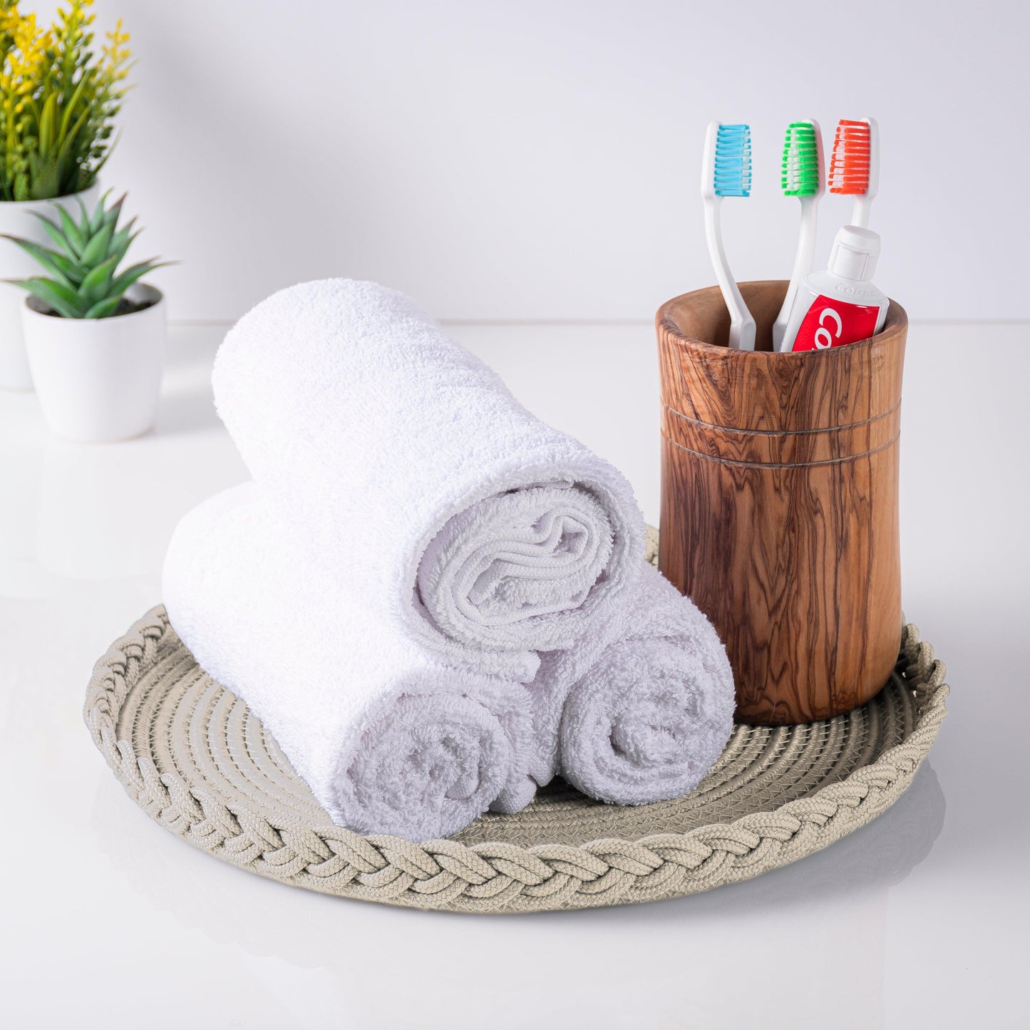 Lot de 2 Sets de Table Ronds en Coton de 32 cm avec Bord Tressé