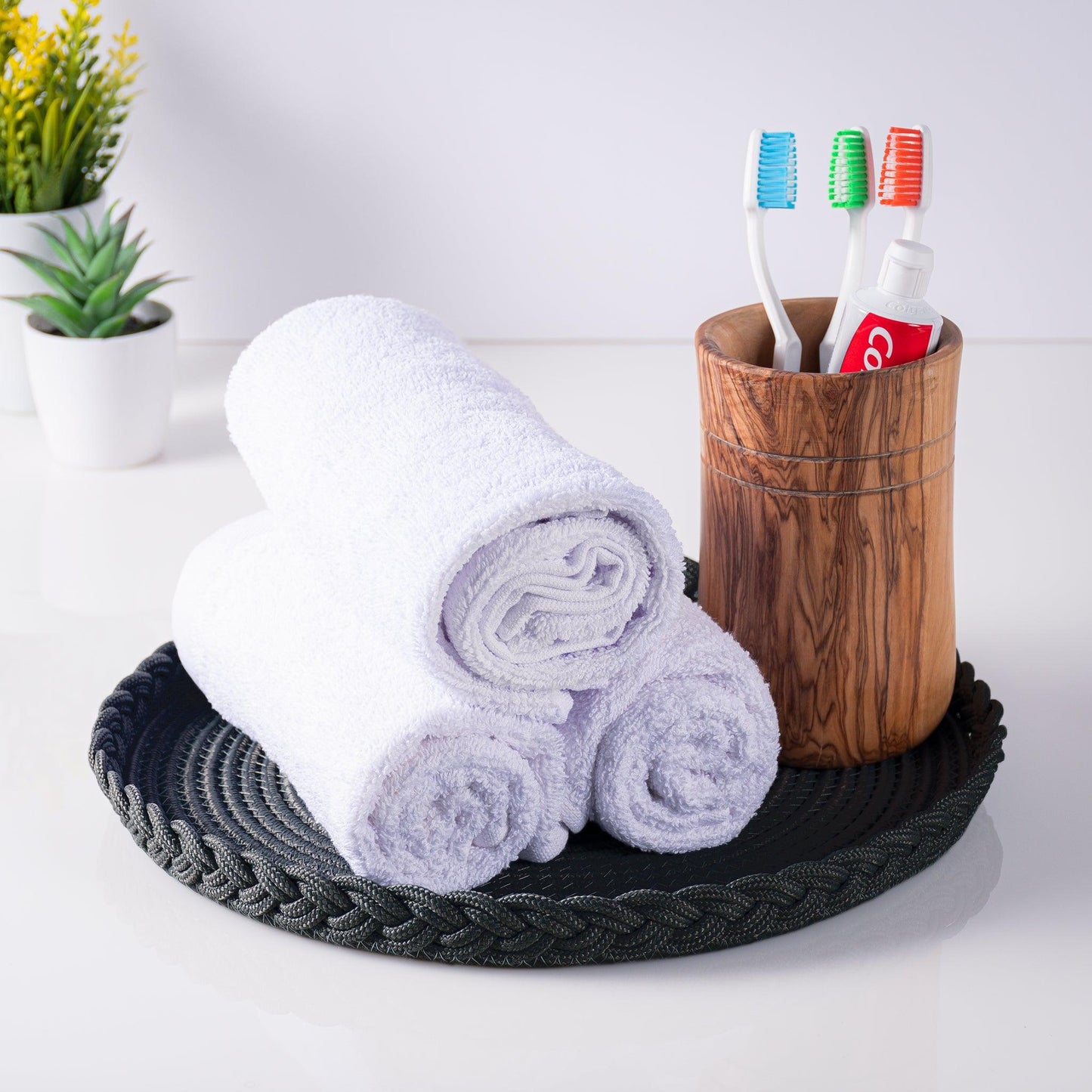 Lot de 2 Sets de Table Ronds en Coton de 32 cm avec Bord Tressé