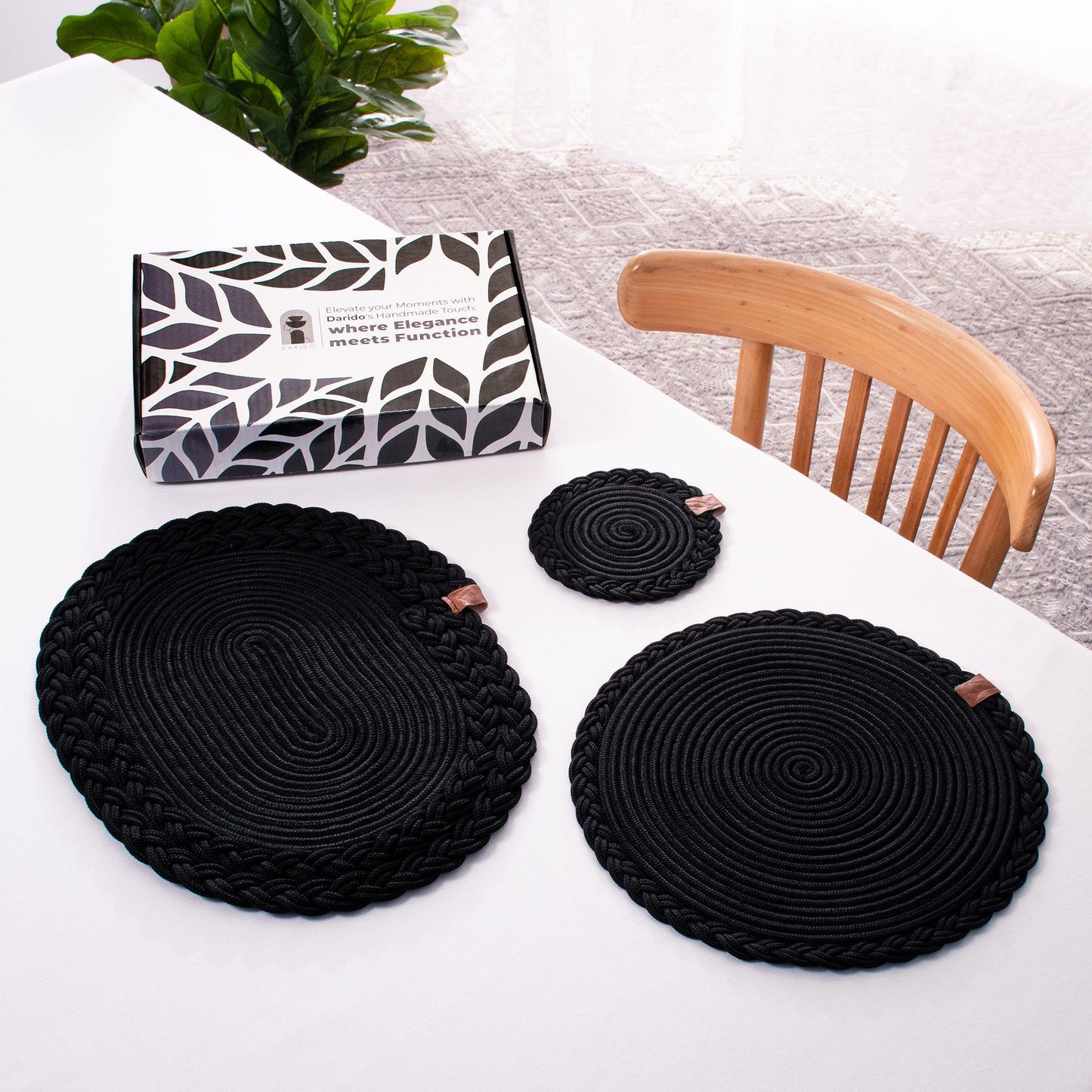 Lot de 2 Sets de Table Ronds en Coton de 32 cm avec Bord Tressé