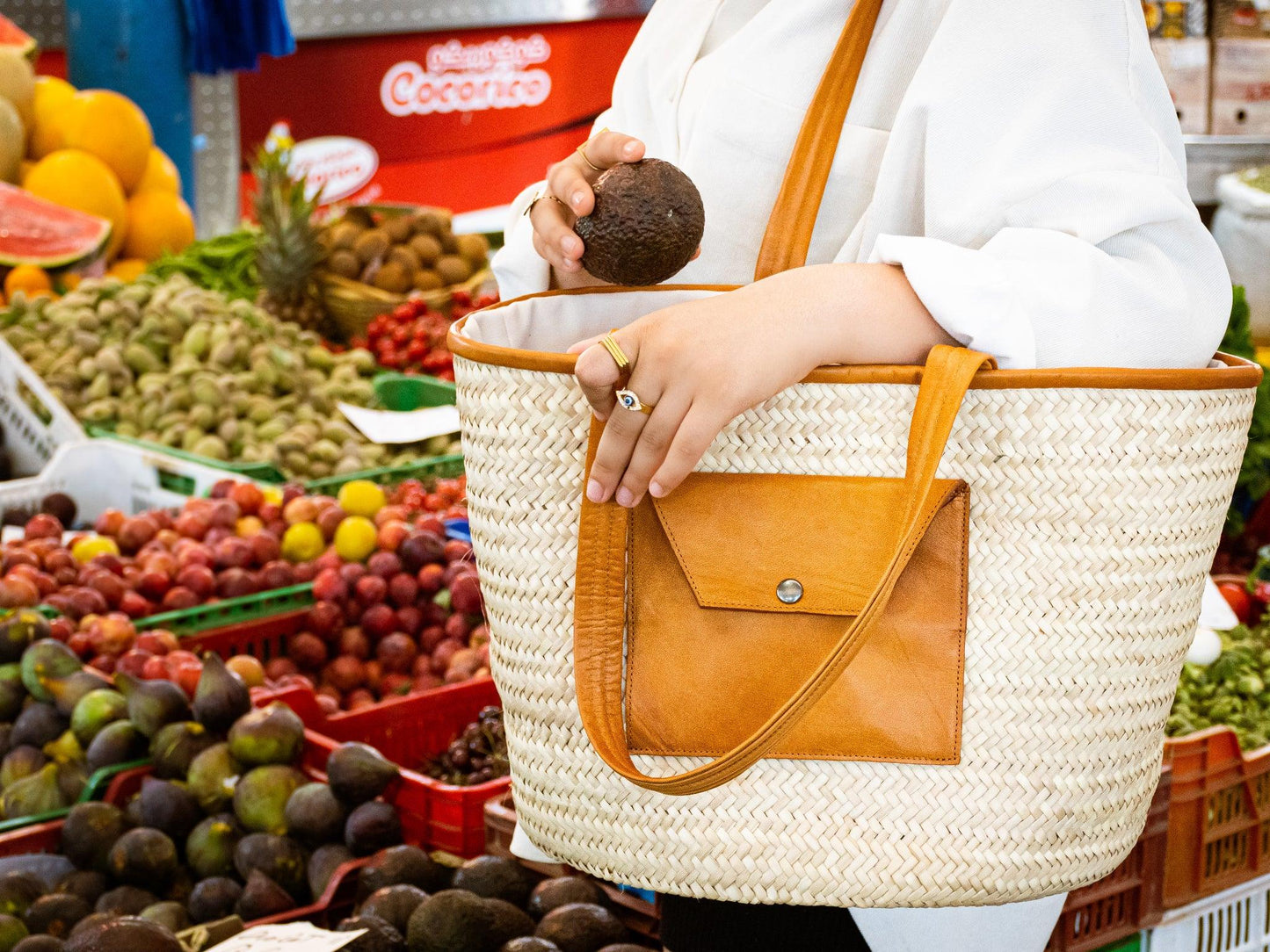 Sac de Shopping Large en Palmier Nain avec Poche en Cuir