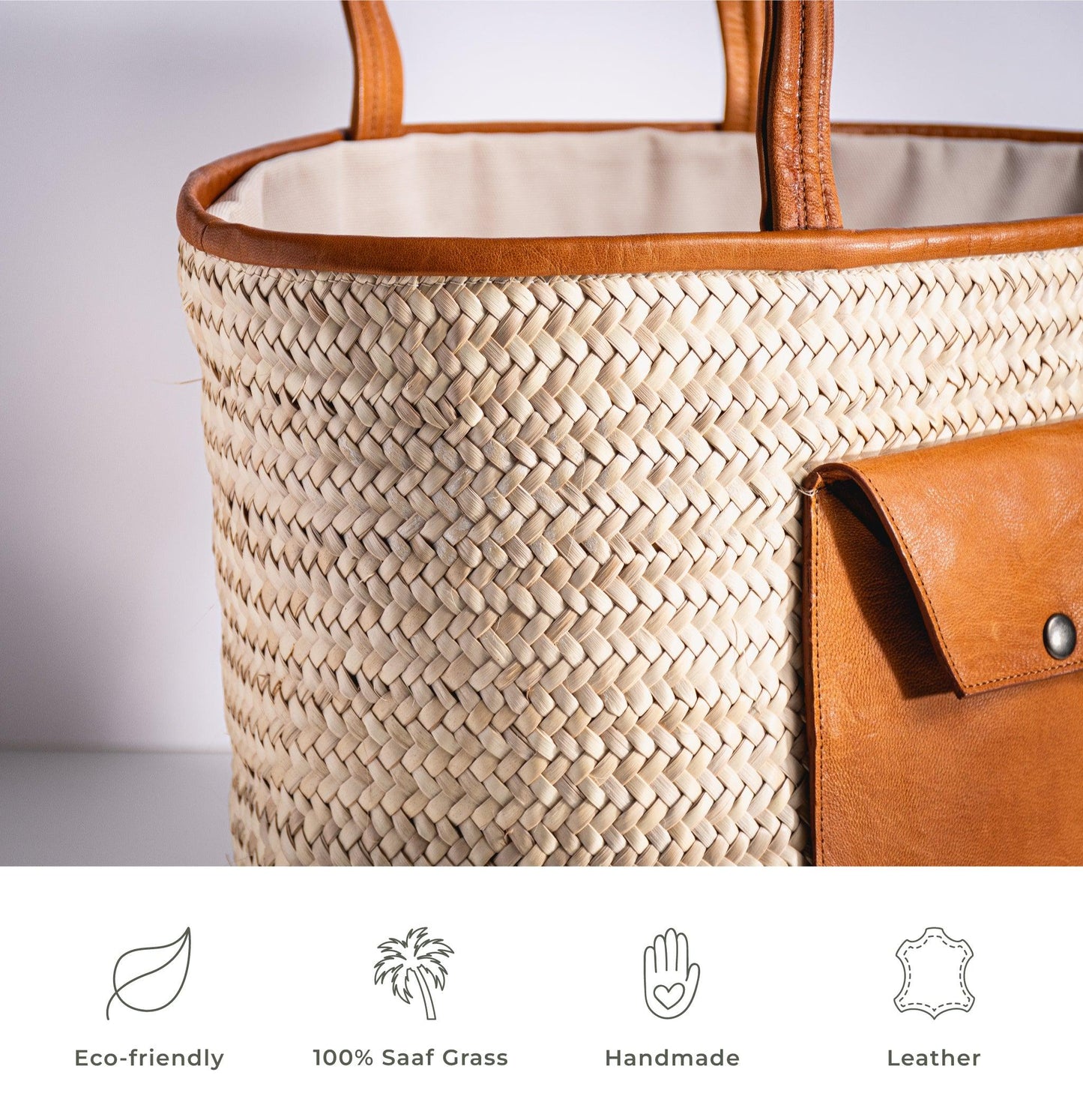 Sac de Shopping Large en Palmier Nain avec Poche en Cuir