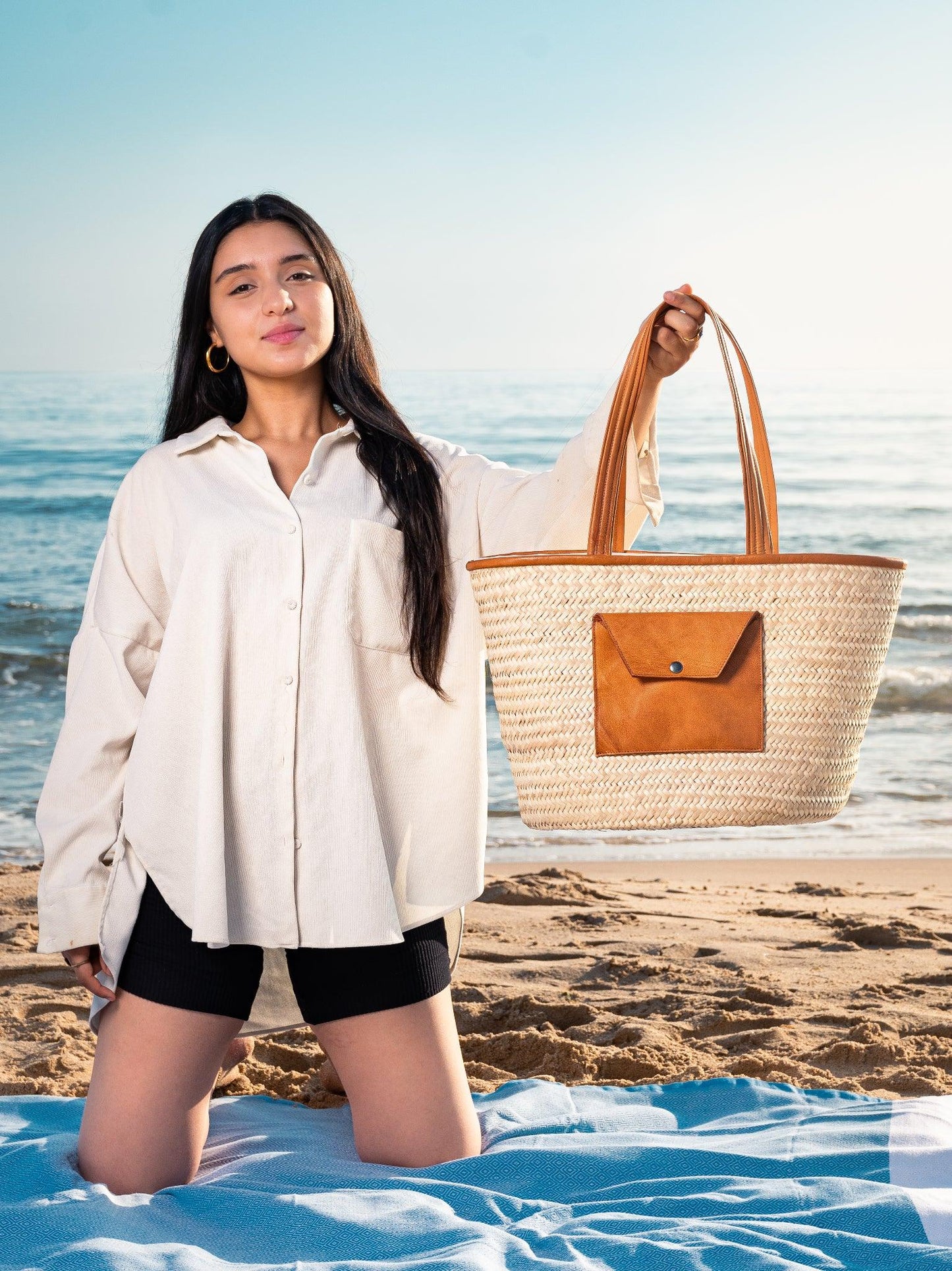 Sac de Shopping Large en Palmier Nain avec Poche en Cuir
