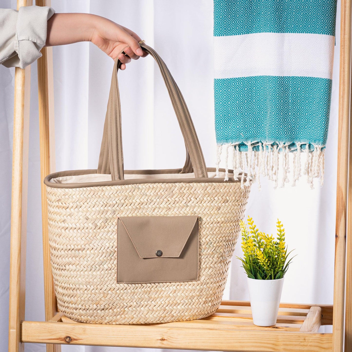 Sac de Shopping en palmier nain Tunisien avec Poche en Cuir Synthétique Haut de Gamme