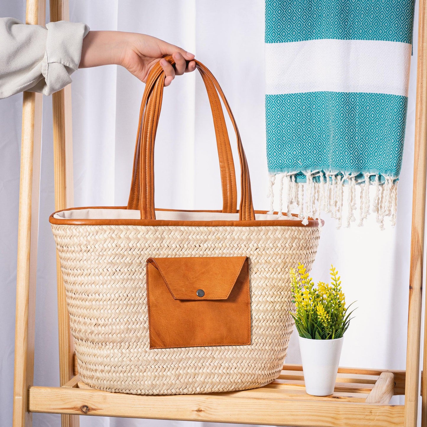 Sac de Shopping Large en Palmier Nain avec Poche en Cuir