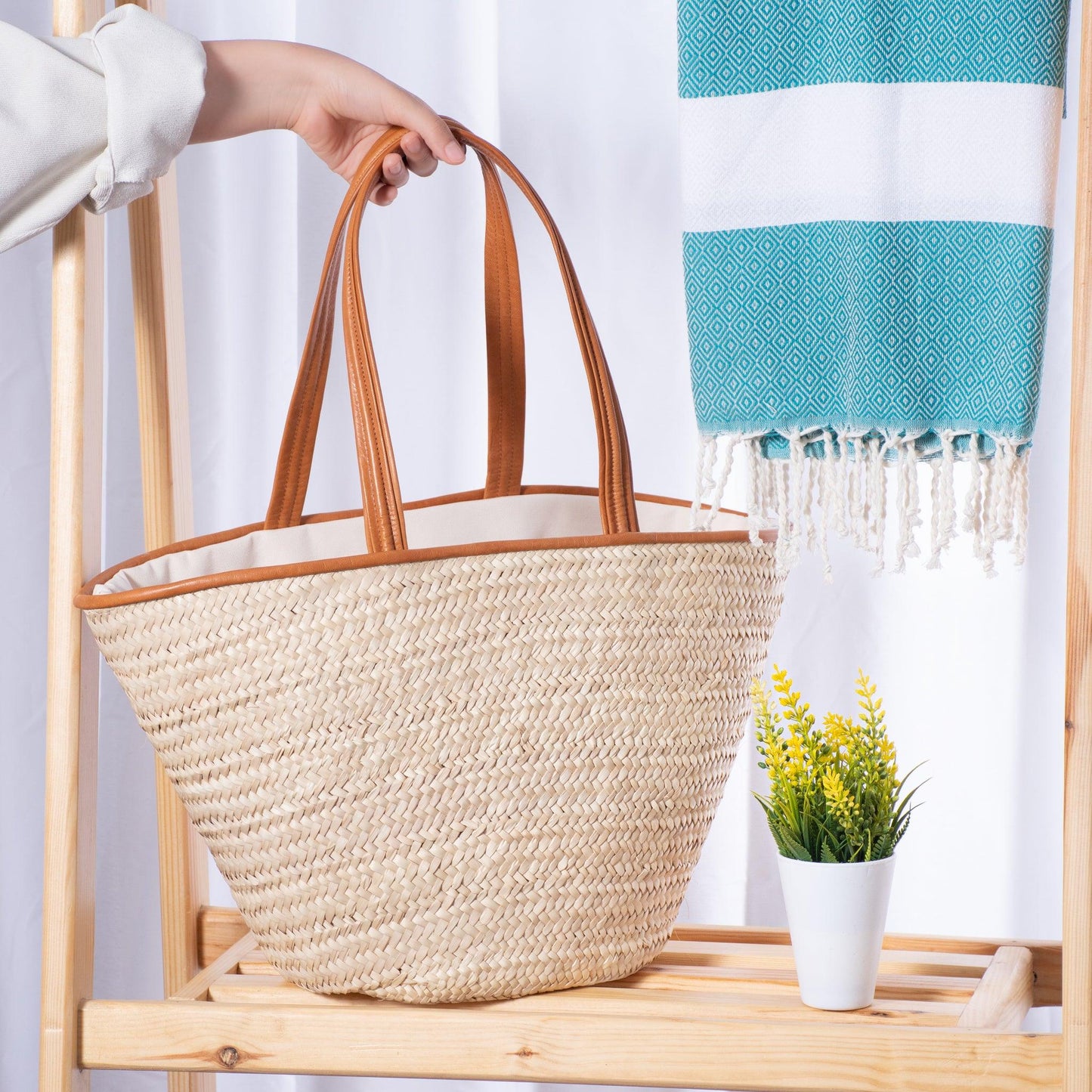 Sac de Shopping Large en Palmier Nain avec détails en Cuir