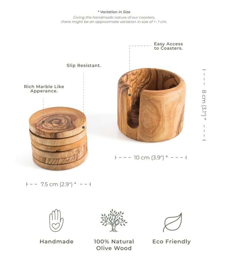 Ensemble de Sous-Verres en Bois d'Olivier avec Porte-Sous-Verres