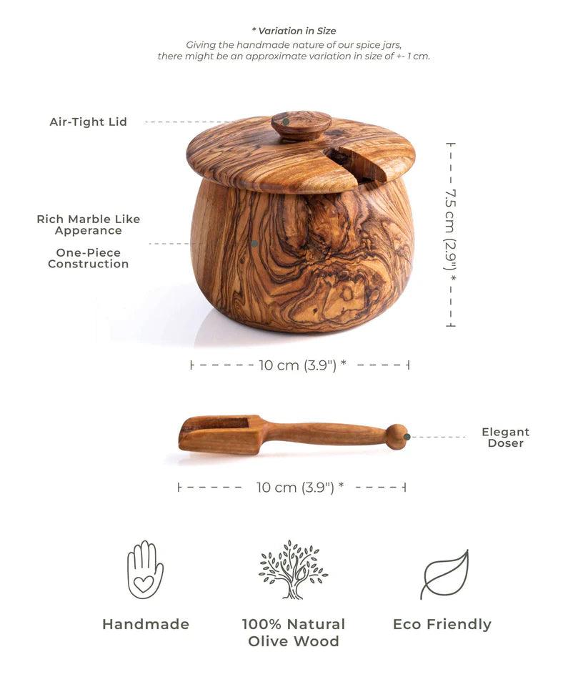 Pot à Épices en Bois d'Olivier avec Couvercle et Cuillère