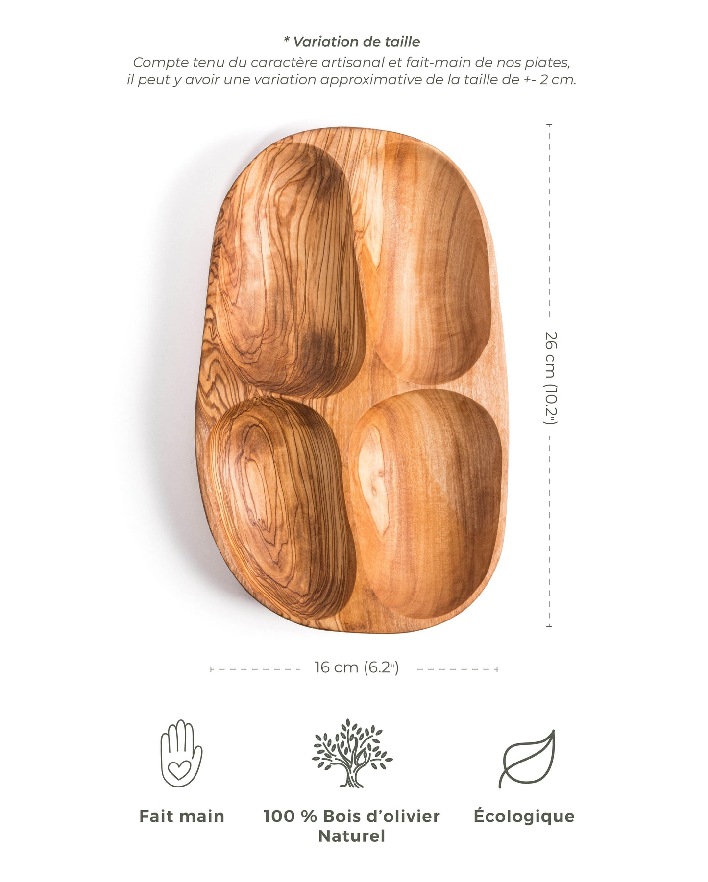 Assiette à snacks en bois d'olivier à 4 compartiments