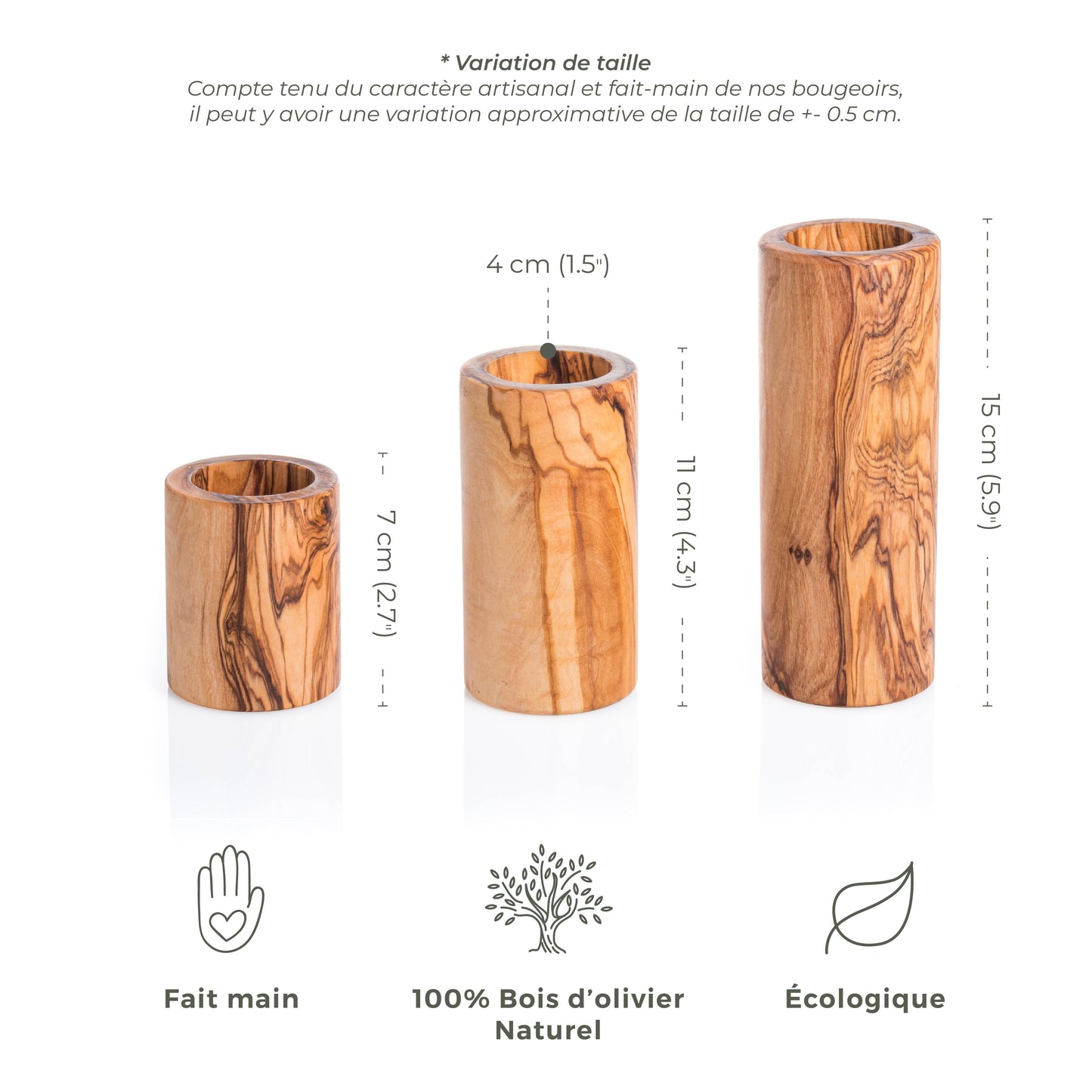 Lot de 3 Porte-Bougies Cylindriques en Bois d’Olivier – Support à Bougie Naturel et Écologique – Décoration Moderne et Durable