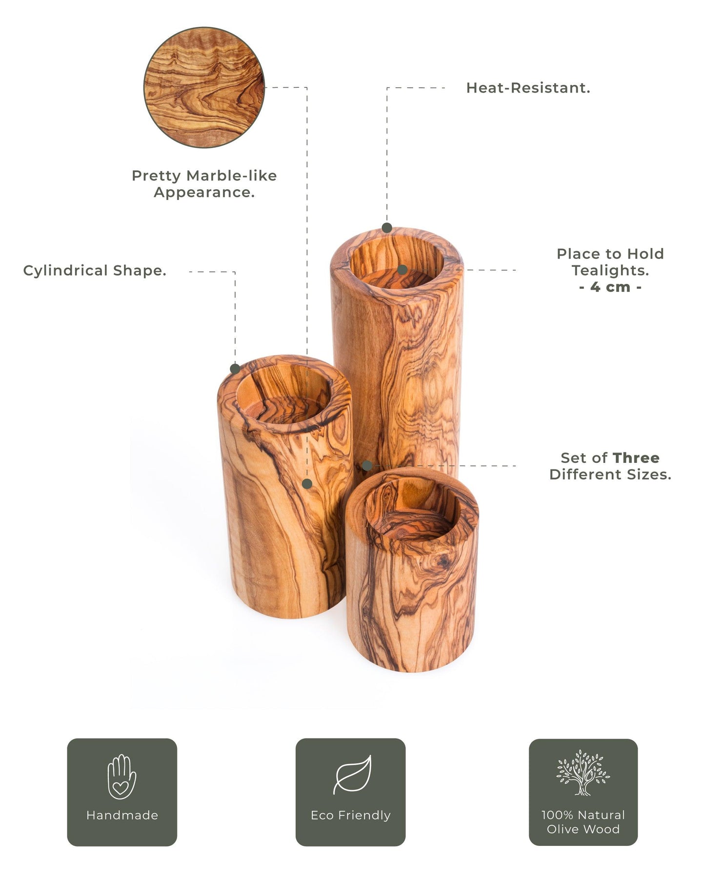 Lot de 3 Porte-Bougies Cylindriques en Bois d’Olivier – Support à Bougie Naturel et Écologique – Décoration Moderne et Durable