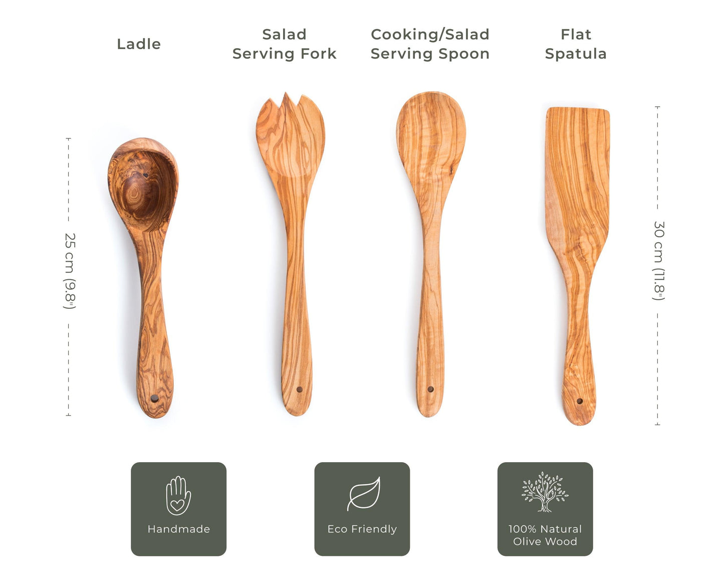 Darido Set de 4 Ustensiles de Cuisine en Bois d'Olivier - Fourchette et Cuillère à Salade, Louche & Spatule