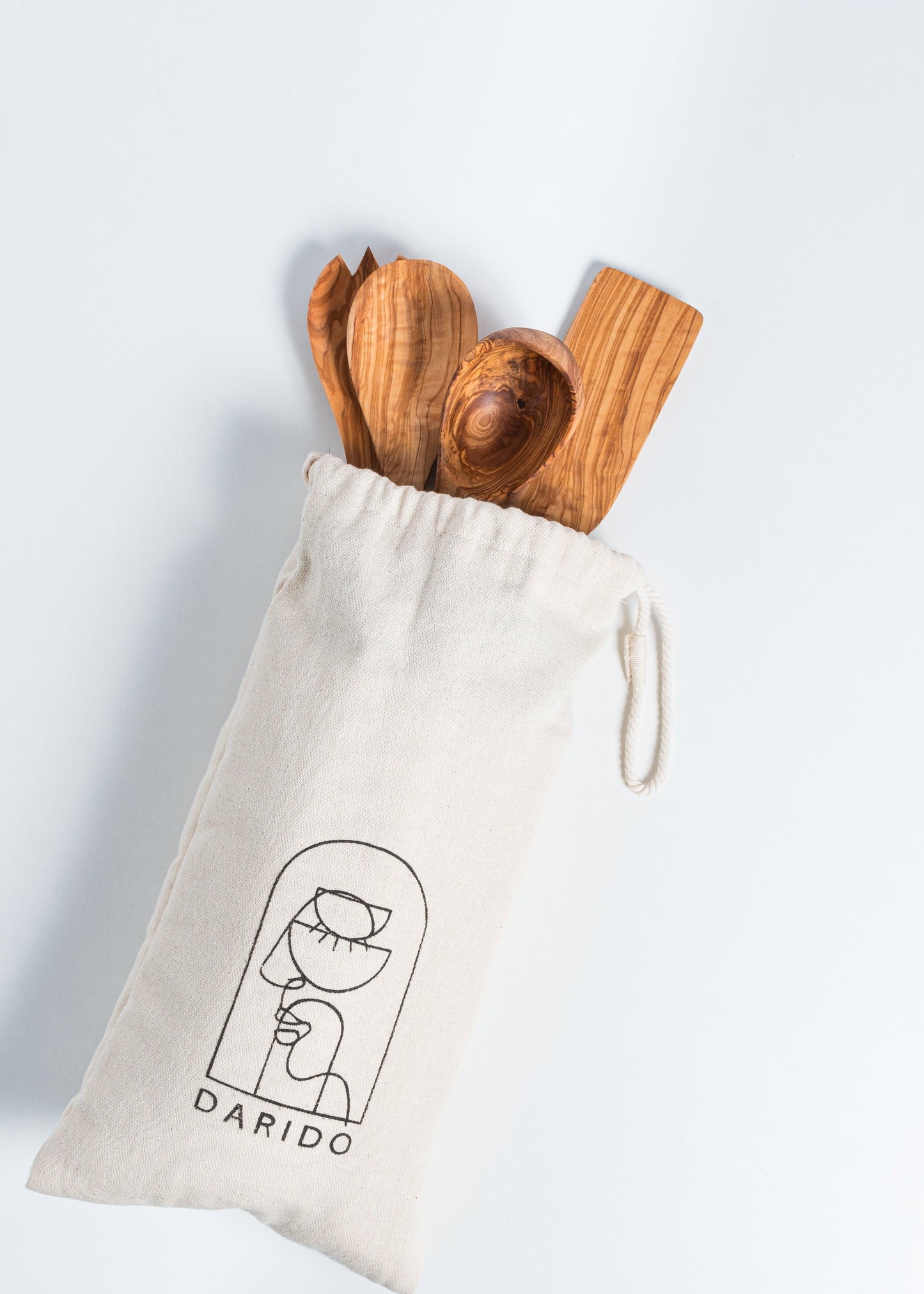 Darido Set de 4 Ustensiles de Cuisine en Bois d'Olivier - Fourchette et Cuillère à Salade, Louche & Spatule