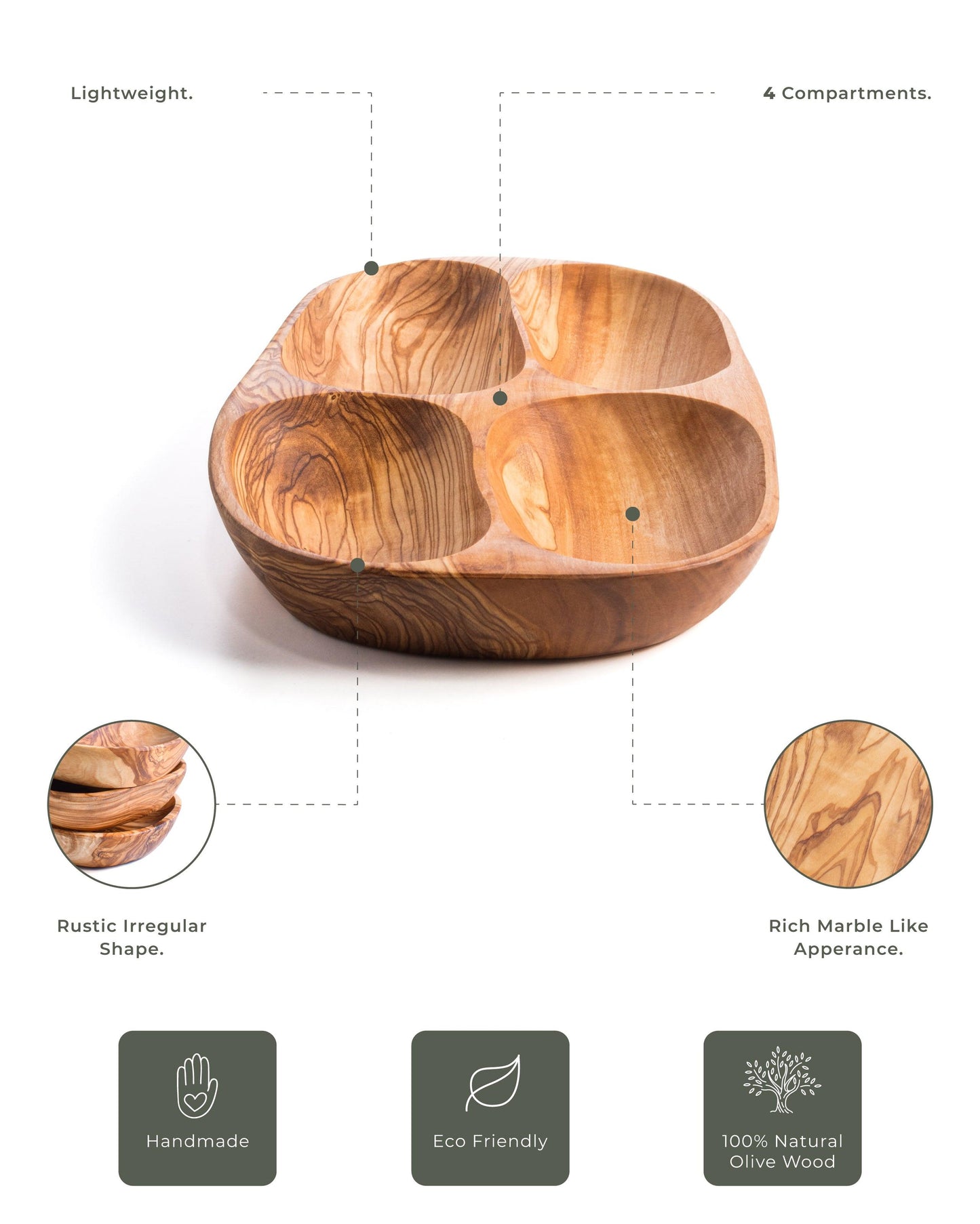 Assiette à snacks en bois d'olivier à 4 compartiments