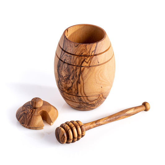 Pot à Miel en Bois d'Olivier avec Cuillère et Couvercle