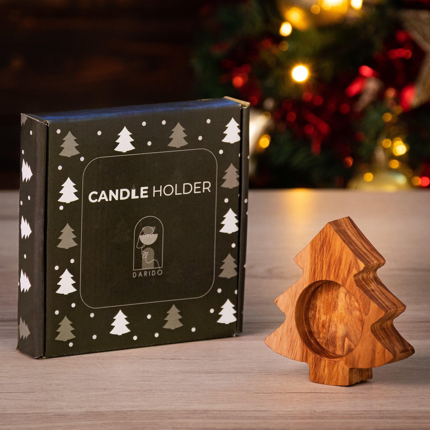 Porte-Bougie en Bois d’Olivier en Forme de Sapin – Décoration de Noël Artisanale – Idée Cadeau Naturelle et Écologique