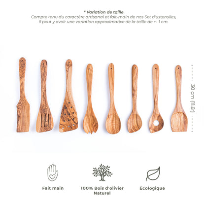 Set de 8 Ustensiles en Bois d'Olivier