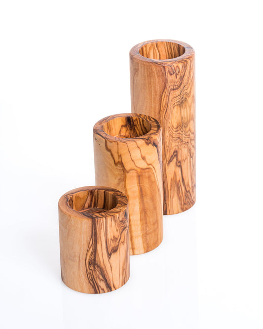 Lot de 3 Porte-Bougies Cylindriques en Bois d’Olivier – Support à Bougie Naturel et Écologique – Décoration Moderne et Durable