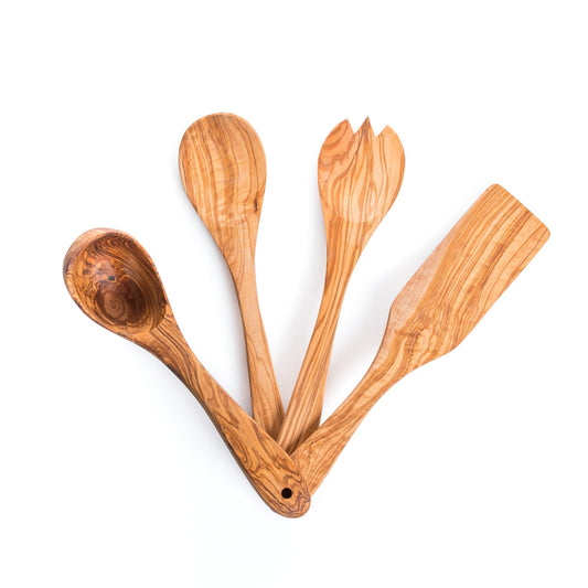 Darido Set de 4 Ustensiles de Cuisine en Bois d'Olivier - Fourchette et Cuillère à Salade, Louche & Spatule